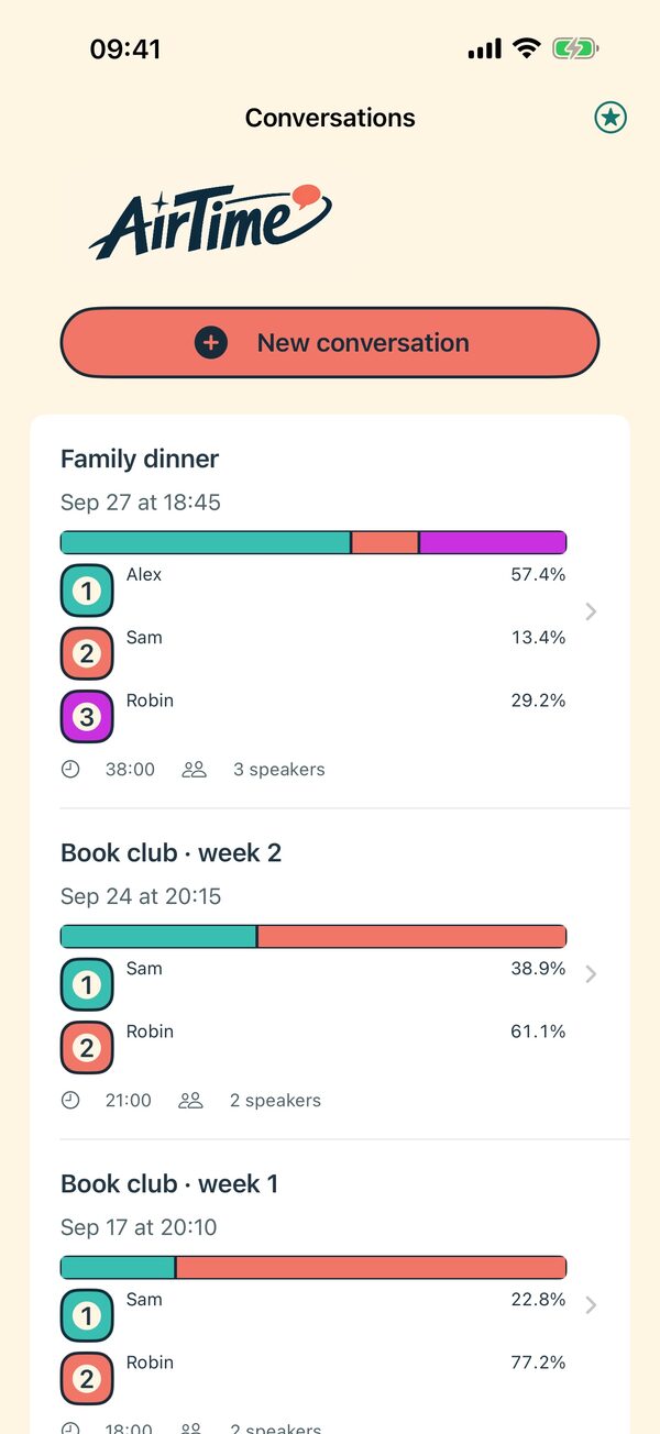 AirTime conversation list with a New conversation button and three saved conversations, each with a coloured airtime bar.