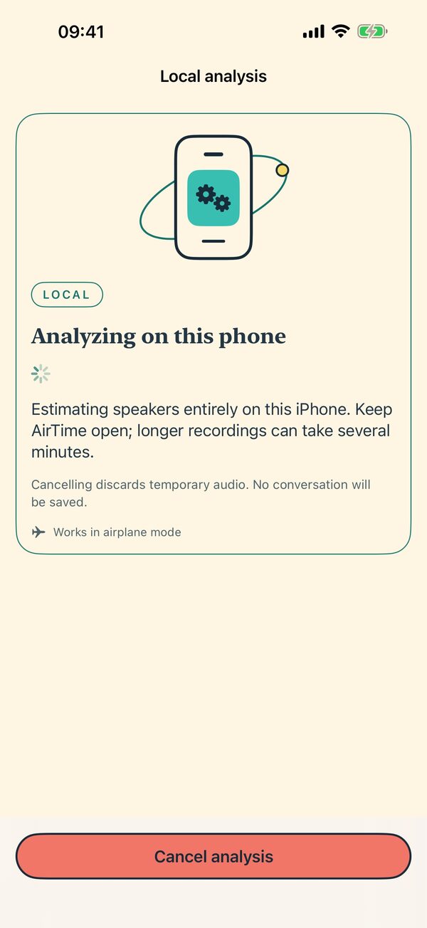 AirTime analyzing a recording, labelled Local: estimating speakers entirely on this iPhone, works in airplane mode.